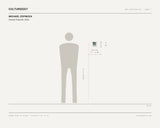 Michael Espinoza, Sunset Polaroid, 2024 — scale drawing, 5 × 5 inches, with a 5 ft 10 in figure for scale