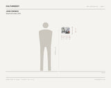 John Zinonos, hexed and vexed, 2025 — scale drawing, 11.5 × 9.5 inches, with a 5 ft 10 in figure for scale