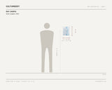 Ray Caspio, Dane (caged), 2024 — scale drawing, 9 × 12 inches, with a 5 ft 10 in figure for scale