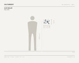 Alice Miller, Boys, 2026 — scale drawing, 11.5 × 8.75 inches, with a 5 ft 10 in figure for scale