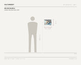 Nelson Balbela, Chicken Fillet, Blue Room, 2025 — scale drawing, 13.98 × 11.02 inches, with a 5 ft 10 in figure for scale