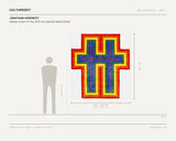 JONATHAN HOROWITZ, Rainbow Cross For Two, 2018 (Art carpet by Henzel Studio) — scale drawing, 70.87 × 78.74 inches, with a 5 ft 10 in figure for scale