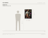 Kamion Fox, Unzipped & Unbothered, 2026 — scale drawing, 23.62 × 31.5 inches, with a 5 ft 10 in figure for scale