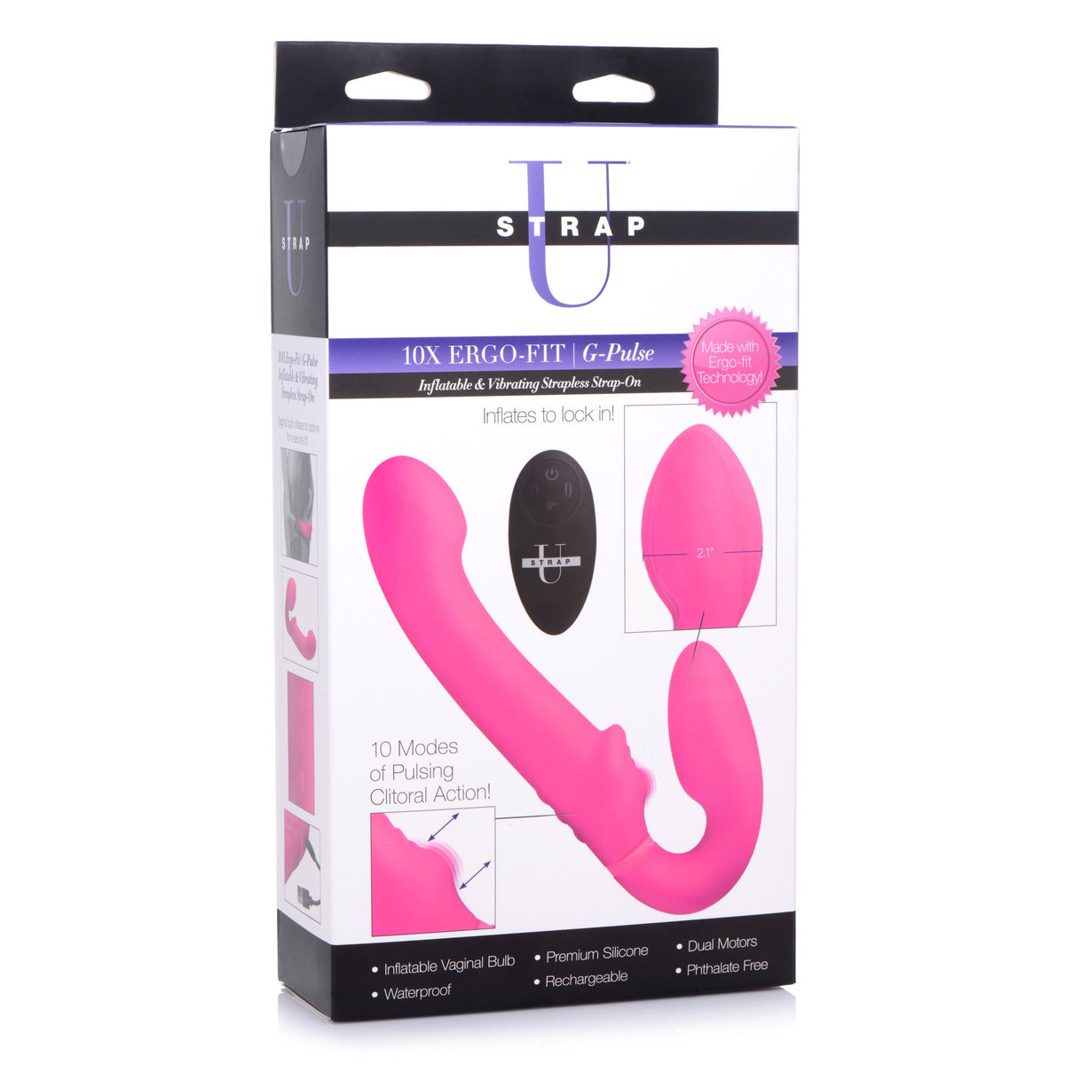 Strap U 10X Ergo-Fit G-Pulse Inflatable & Vibrating Strapless Strap-On - Pink