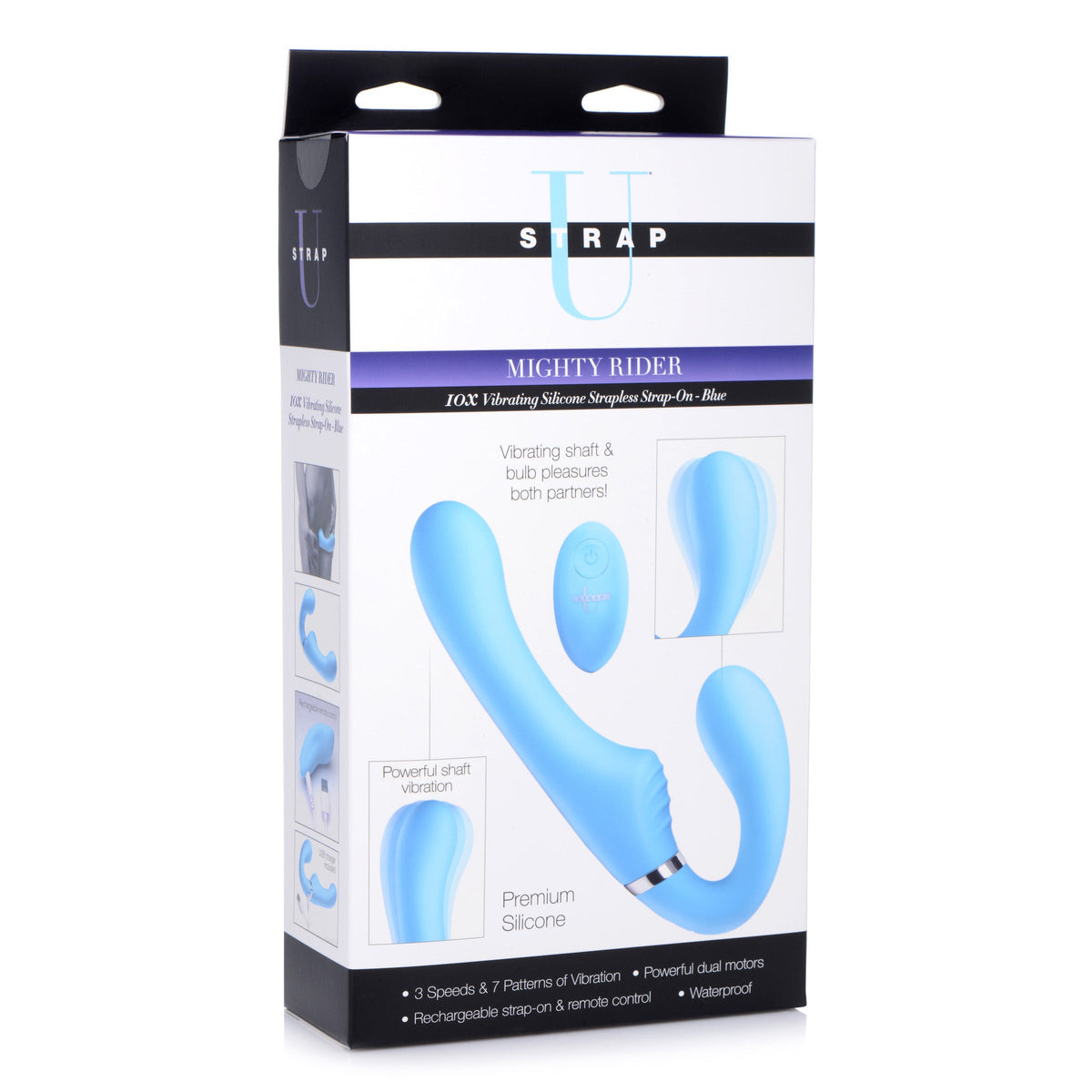 Strap U 10X Mighty Rider Vibrating Silicone Strapless Strap-on - Blue