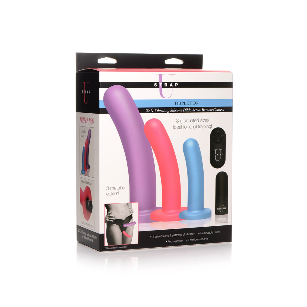 Strap U Triple Peg 28X Vibrating Silicone Dildo Set w/ Remote