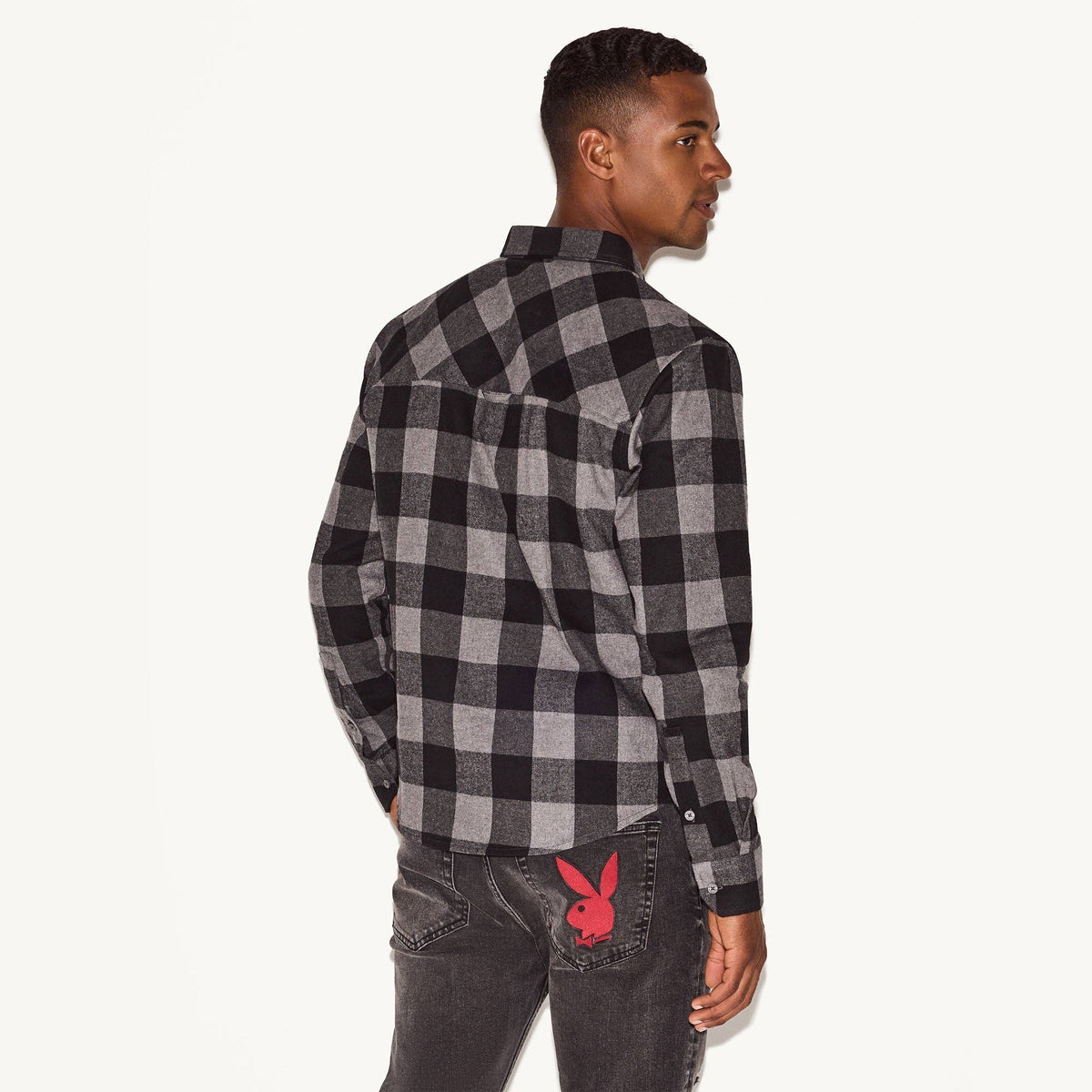 PLAYBOY Men's Black Flannel Long Sleeve Shirt