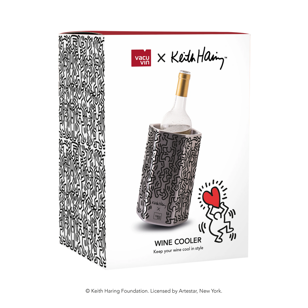 Keith Haring print detail on the Vacu Vin Hive stainless steel wine cooler
