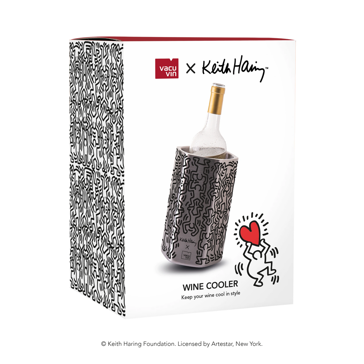 Keith Haring print detail on the Vacu Vin Hive stainless steel wine cooler