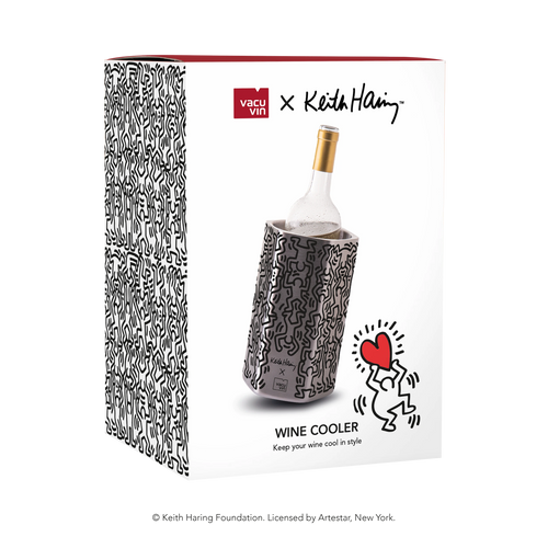 Keith Haring print detail on the Vacu Vin Hive stainless steel wine cooler