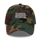 Faggot Against Fascism Dad Hat by YES HOMO in Green Camo