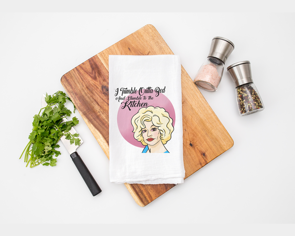 Dolly Parton Tumble Outta Bed 9-5 kitchen tea towel