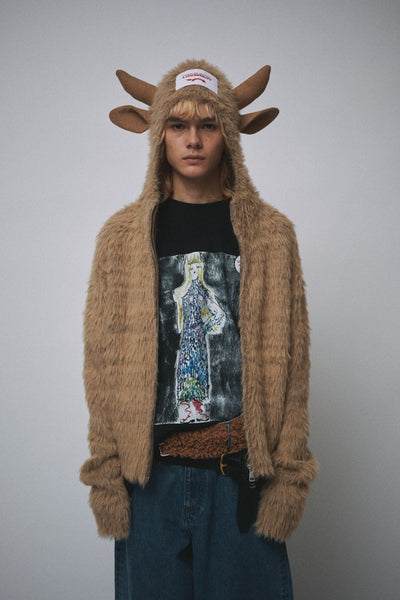 HIGHLAND COW BALACLAVA CARDI in BROWN