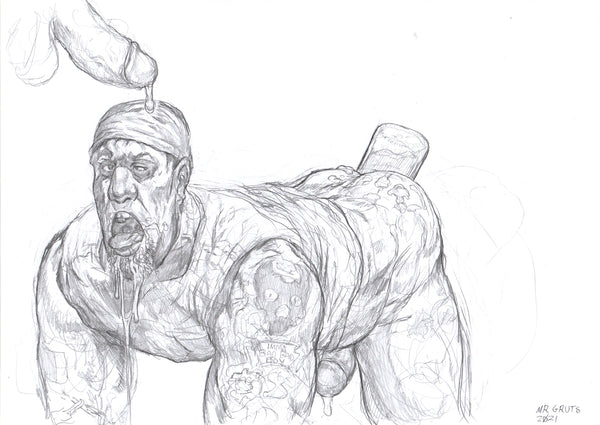 Mr. Gruts, After Work Redneck Meet : unused sketch (beer in butt), 2021