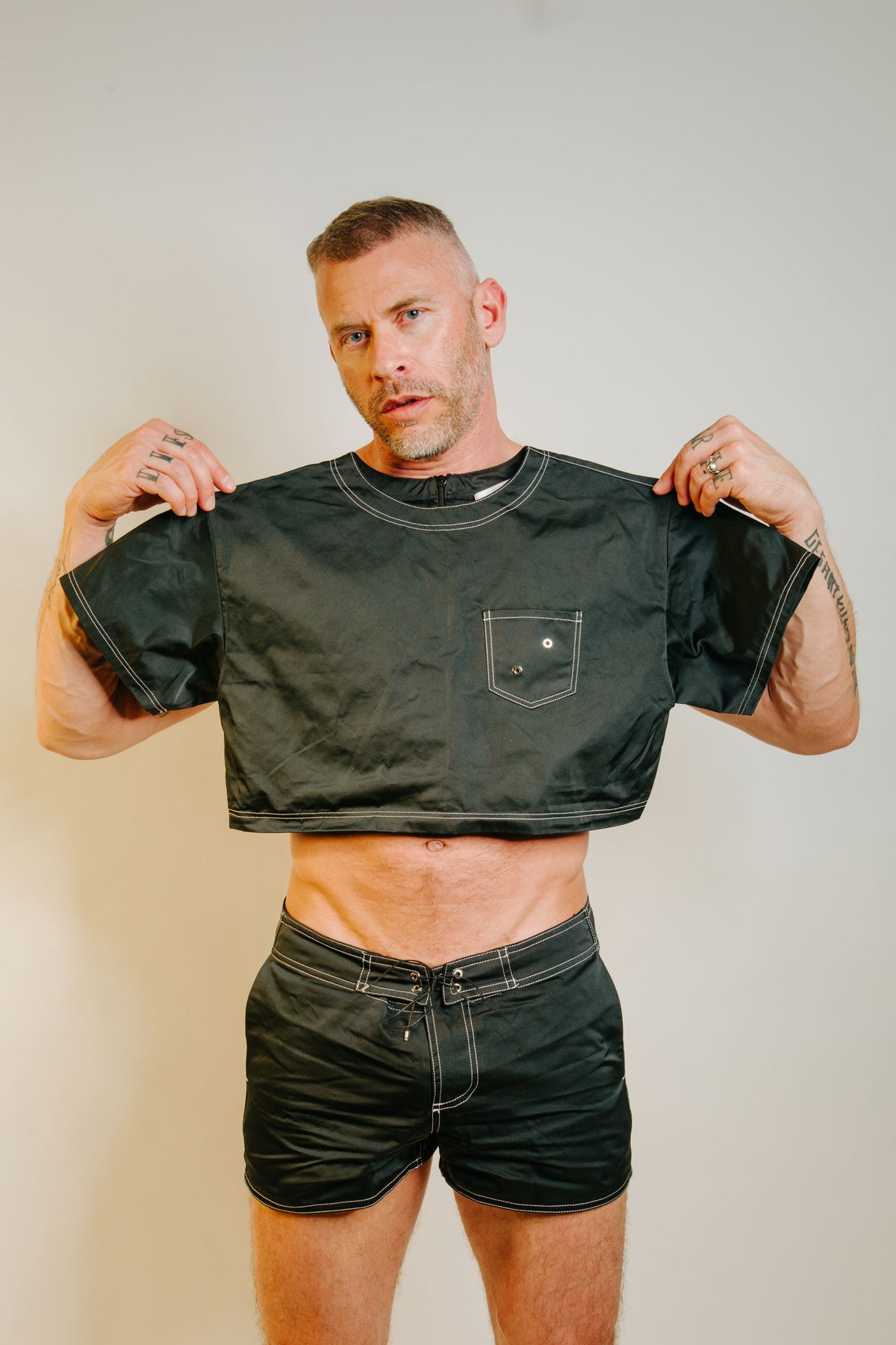 LUDOVIC DE SAINT SERNIN BLACK TAFFETAS CROP TOP