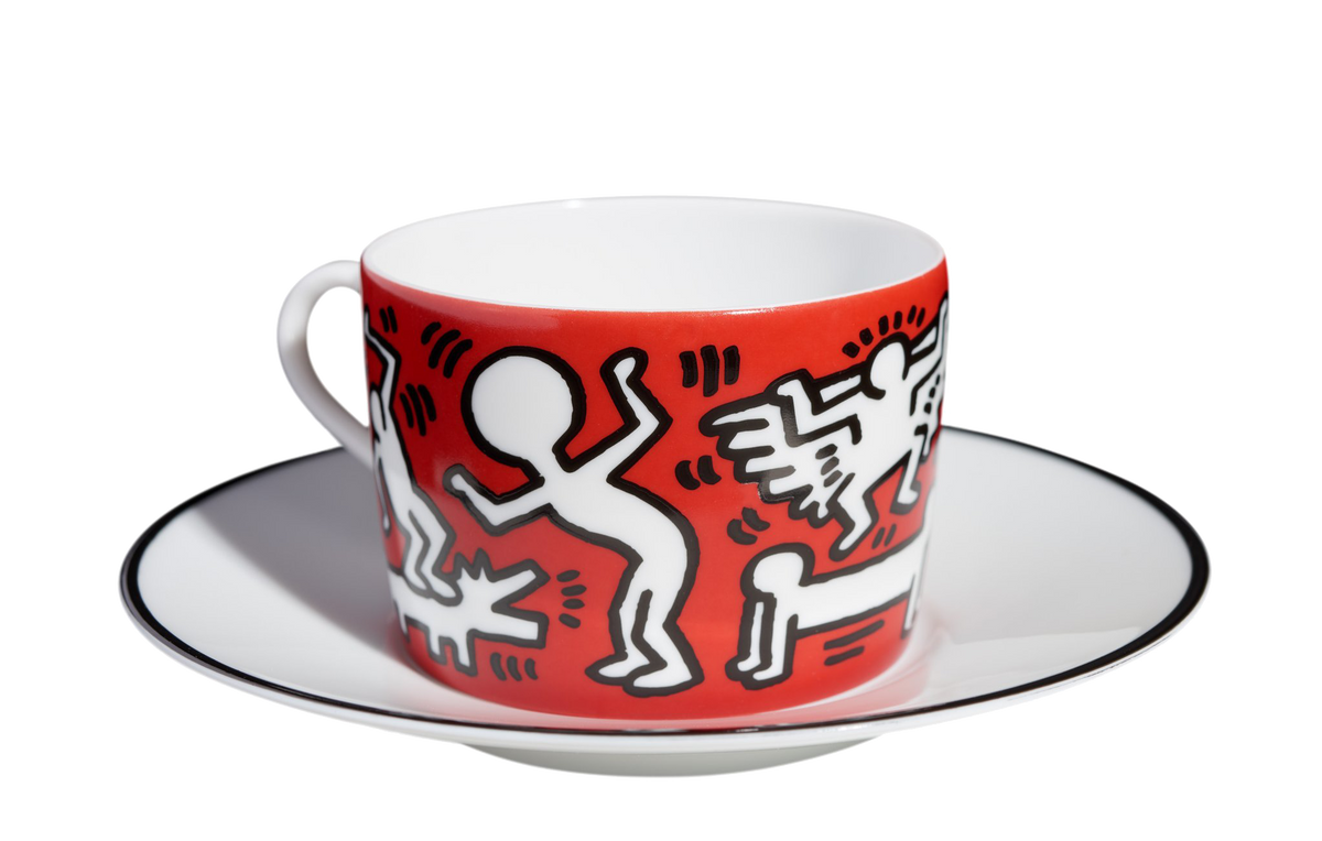 Keith Haring Porcelain tea cup & plate - White on Red