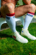 TOM OF FINLAND KNEE HIGH WHITE LOGO SOCKS