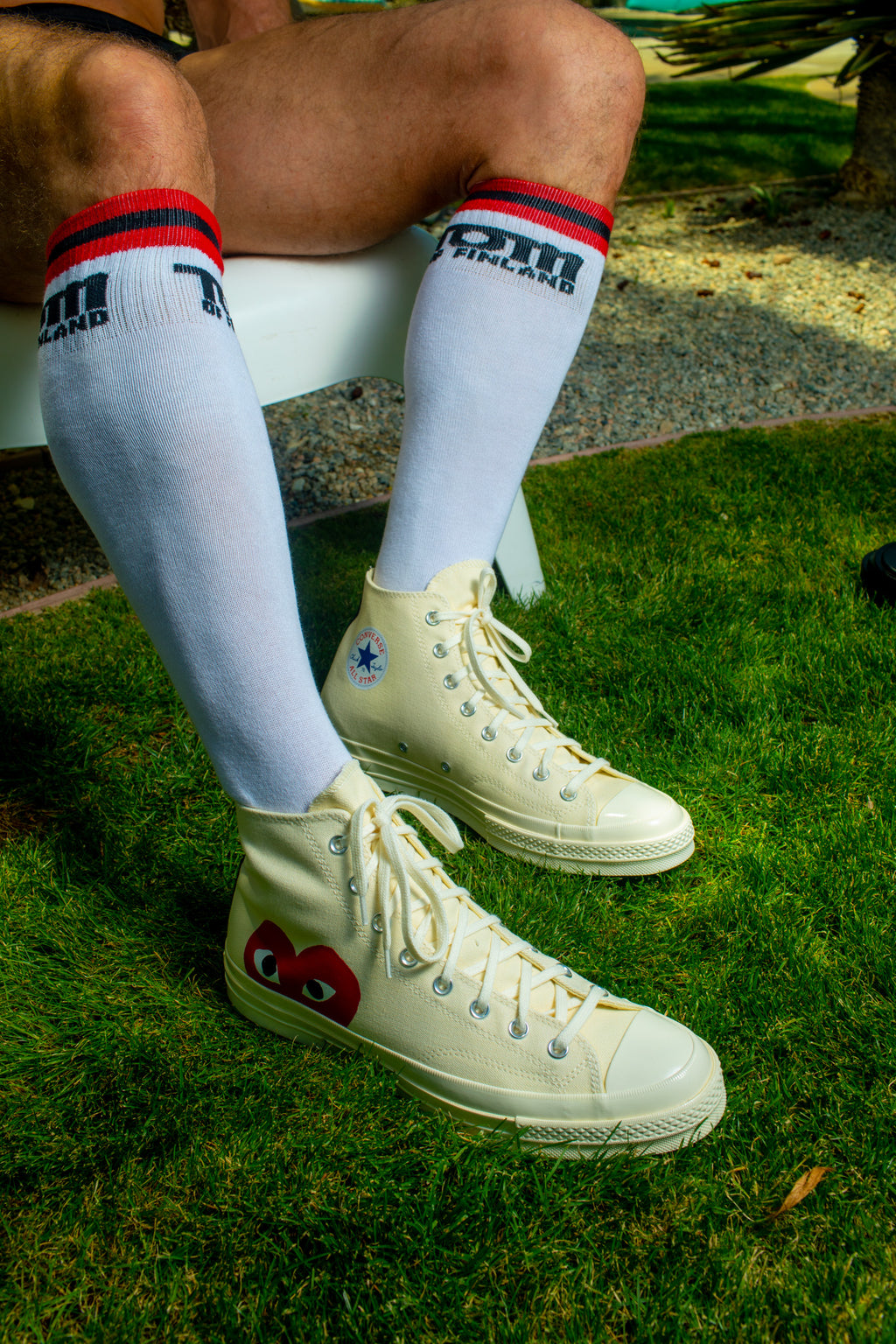TOM OF FINLAND KNEE HIGH WHITE LOGO SOCKS