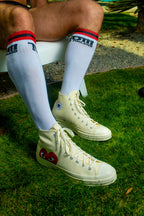 TOM OF FINLAND KNEE HIGH WHITE LOGO SOCKS
