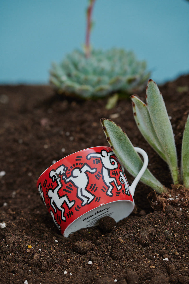 Keith Haring Porcelain tea cup & plate - White on Red