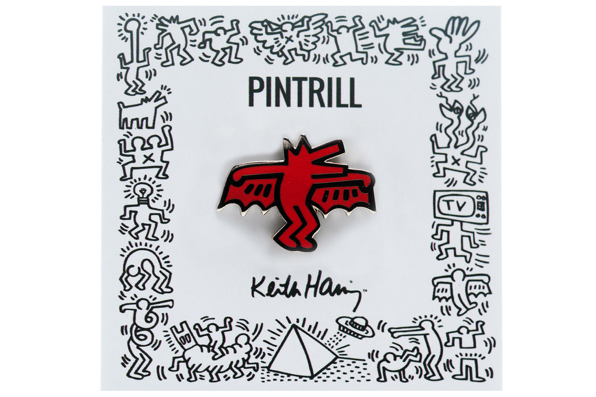 KEITH HARING BAT DOG PIN - RED